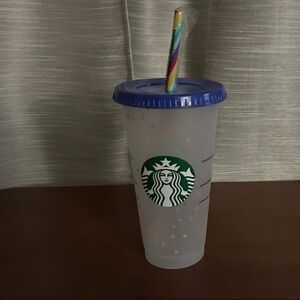 Starbucks Frosted Tumbler with Blue Lid and Rainbow Straw